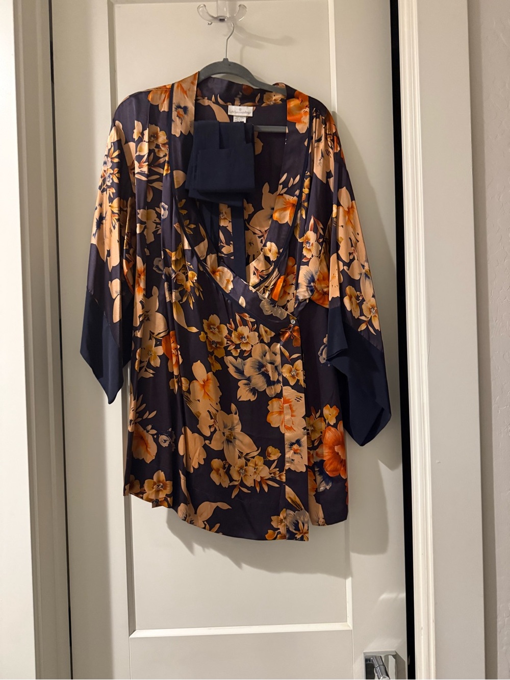 Soft Surroundings Navy Floral Satin Wrap Tunic